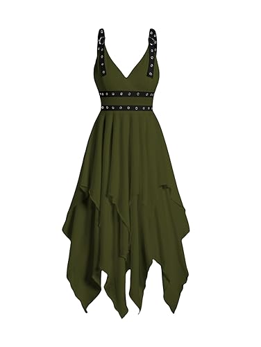 DRESSFO Women's Casual Sleeveless V Neck Tiered A Line Flowy Wrap Gothic Dress - Large - Deep Green