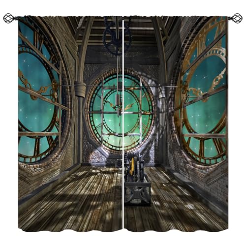 Rustic Steampunk Curtains, 3D Steampunk Clock Retro Mechanical Background Pattern Window Treatments, Rod Pocket Thermal Insulated Drapes 2 Panel Sets for Bedroom Living Room, 42"W X 45"L【Decor】