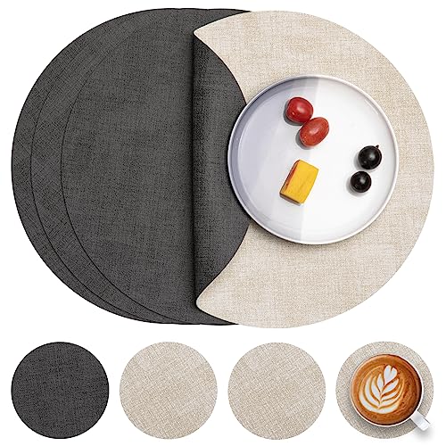 Myir JUN Leather Placemats and Coaster Set of 4, Table Mats Round Waterproof Dual Sided Kitchen Place Mats Coffee Mats Heat Resistant Placemat Non-Slip Washable