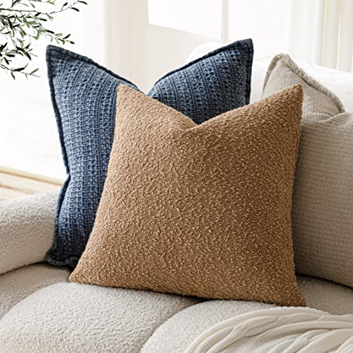 Image of Foindtower Accent Solid Pillow Cases Textured Boucle Throw Pillow Covers Cozy Modern Decorative Couch Cushion Case for Chair Sofa Bed Living Room Home Decor, Pack of 2, 18 x 18 Inch,Tobacco
