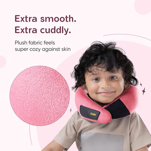 Image of Frido Kids Memory Foam Travel Neck Pillow with Travel Pouch | 360 Chin & Neck Support for Comfortable Sleep | Adjustable Velcro Straps | Ideal for Car, Flight & Road Trips | Pink