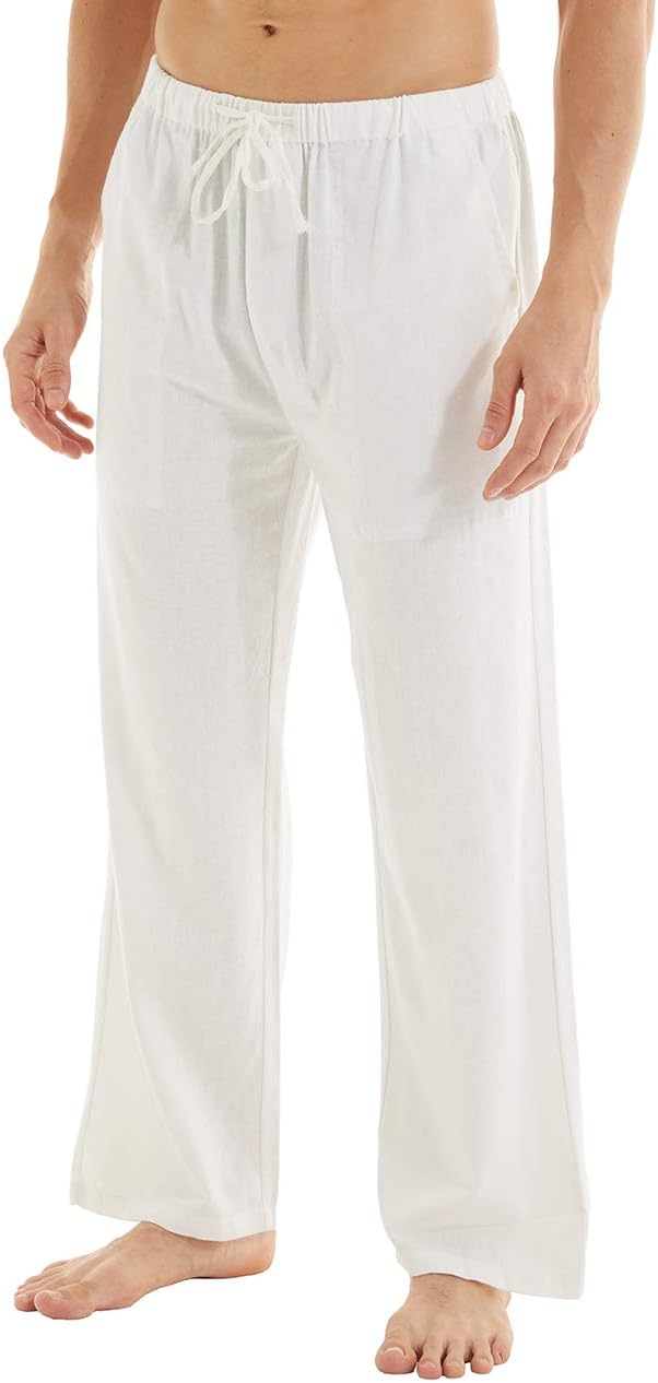 YuKaiChen Linnen herenbroek voor heren, lange zomerbroek, wijd, licht, losse pasvorm, vrijetijdsbroek, yoga, vakantie, strandbroek met trekkoord, 1, wit., XL