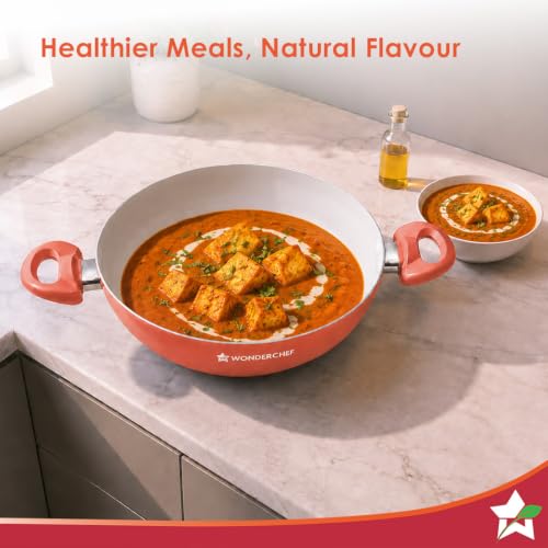 Image of Wonderchef Natura Ceramic Kadhai & Glass Lid for Cooking, 24cm, 2.5L, Non-Toxic Chemical-Free Coating, PFOA /PFAS-Free, for Kitchen, Scratch-Resistant, Gas & Induction Compatible, 2-Yr Warranty, Peach