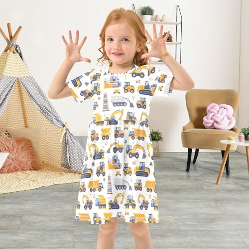 ALAZA Girls Summer Dress Short Sleeve Cartoon Cars Excavator Casual Girls Dresses for Kids 2-8 Years3