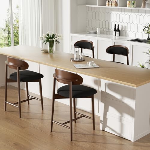 Image of Bar Stools Set of 4, Upholstered Counter Height Bar Stools, Mid Century Modern Counter Stools with Wood Legs for Kitchen Island, Black