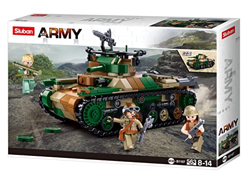 Sluban Army Military Tank Building Block Set, 563 Pieces, 15.7 cm Tank Model with 3 Minifigures, Camouflage Green, M38-B1107 - Image 4