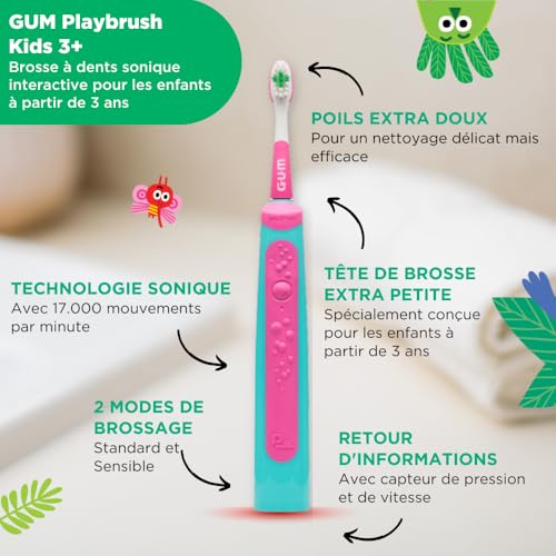 Brosse à dents électrique GUM Playbrush KIDS Rose pour le brossage ludique du soir - 2