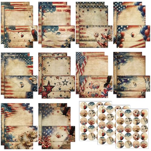Image of TaoBary 160 Pcs Patriotic Stationery Paper and Envelopes Set 50 Double Sided Lined Stationery Paper with 50 Matching Envelopes and 60 Round Dot Sticker 8.5 x 11'' Letter Writing Kit, 10design