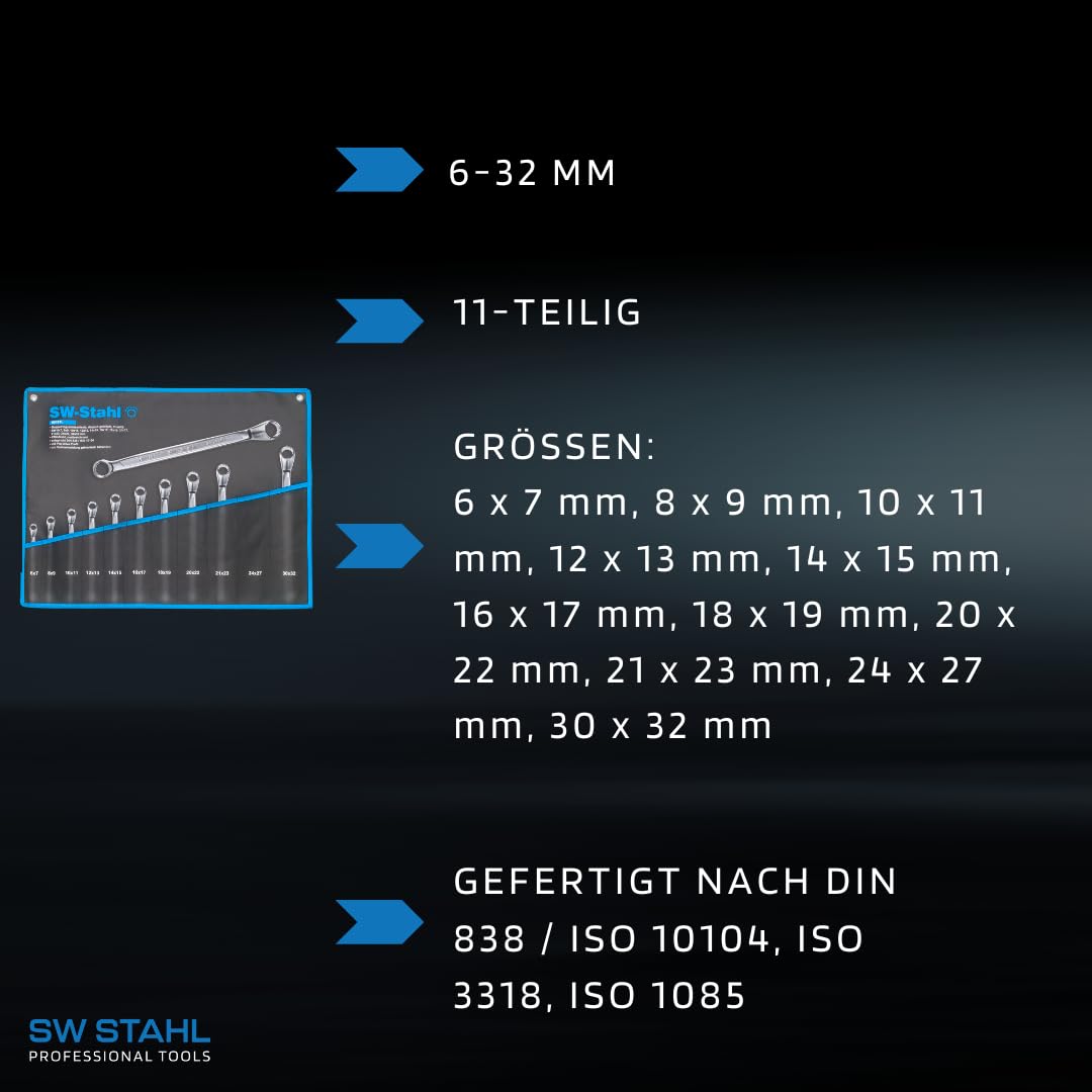 SW-Stahl 00181L Zestaw Kluczy Oczkowych 6-32 mm, 11 Części, Głęboko Wygięte | Stal chromowo-wanadowa PRO DRIVE, profil falisty DIN 838, klucze dwustronne w praktycznej torbie zwijanej do warsztatu