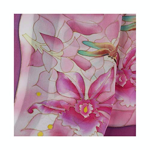 Hand Paint Pure Silk Scarf, 58" L x 13" W, Dragonfly, Multiple Purple3