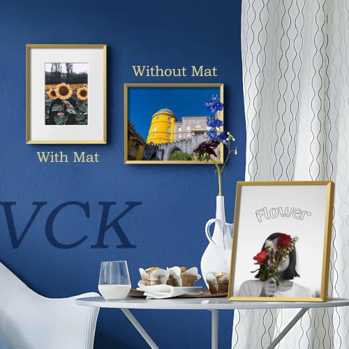 Image of VCK 8x10 Metal Picture Frames Gold Set of 3, Multi Aluminum Picture Frames Made of High Definition Real Glass for 5x7 with Mat or 8x10 Without Mat, Wall Hanging
