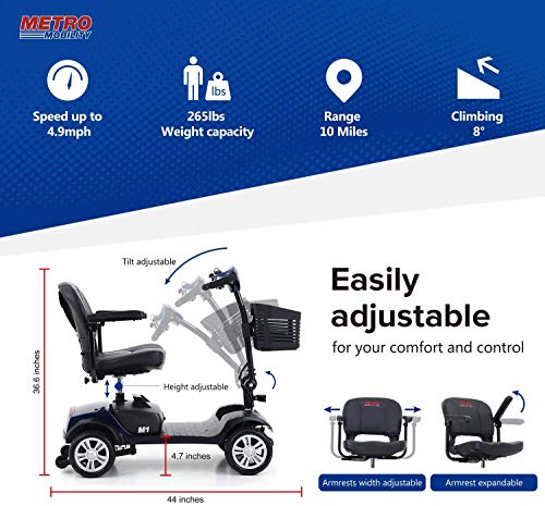 Metro Mobility Compact Travel Electric Power Mobility Scooter for Adults - 265 lbs Max Weight, 4 Wheel, 18 in Width Thick Leather Seats, Large Capacity Lead-Acid Battery - Blue - Thumbnail 7