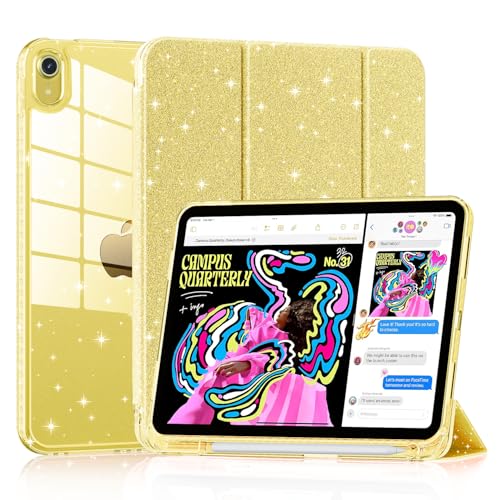 Lainergie Case for iPad (A16) 11th Generation 11-inch 2025 iPad 10th Generation 10.9-inch 2022 Cute Glittering Sparkly Shockproof Cover with Crystal Clear Back and Pencil Holder Glitter Yellow