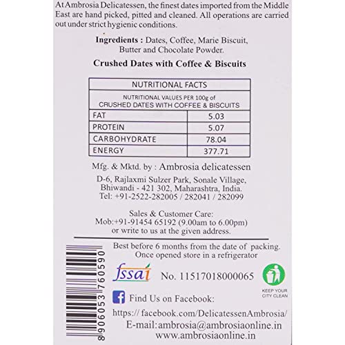 Image of Ambrosia Delicatessen Crushed Dates with Coffee and Biscuits - 100gm | Premium Dates, Khajoor, Khajur | Arabian Dates Gift Pack Box | 100% Natural | Gluten Free | Vegan