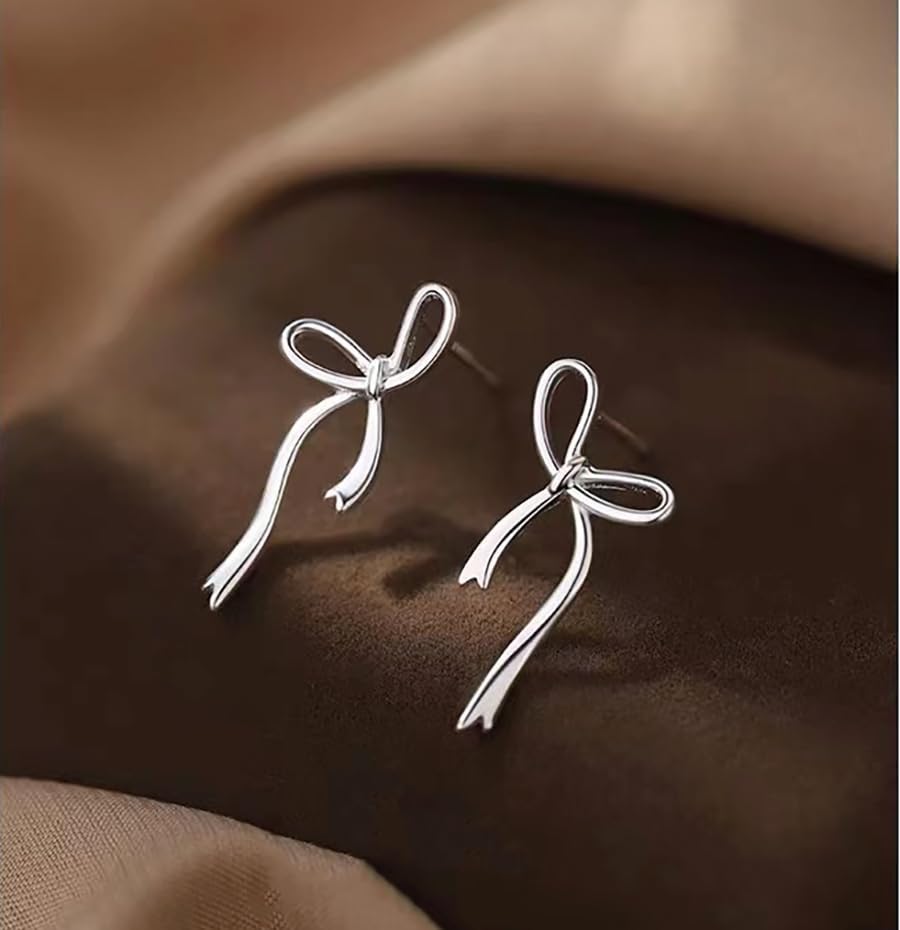 Reffeer Solid 925 Sterling Silver Bow Stud Earrings Ribbon for Women Teen Girls Bowknot Stud Earrings Drops - Image 4