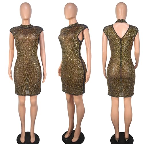 Image of Jigfar Women's Sexy Rhinestone Sheer Mesh See Through Bodycon Dress Birthday Party Club Night Outfits