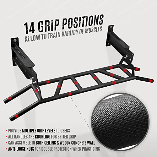 Yes4All Multigrip Wall Mount And Ceiling Chin Up Bar/Chin Up Bar Wall Mount/Chin Up Bar Ceiling Mount/Mount Pull Up/ Solid Metal Pull Up Bar Ceiling Mount - I-Beam & H-Beam Fit, Easy Setup, Knurl Grip #TOP3