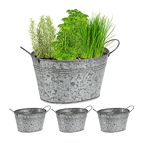 Relaxdays Zinkwanne 4er Set, verzinkte Blechwanne für Garten, ovale Kübel, Dekowannen, HxBxT: 15,5x29x17,5cm, Silber