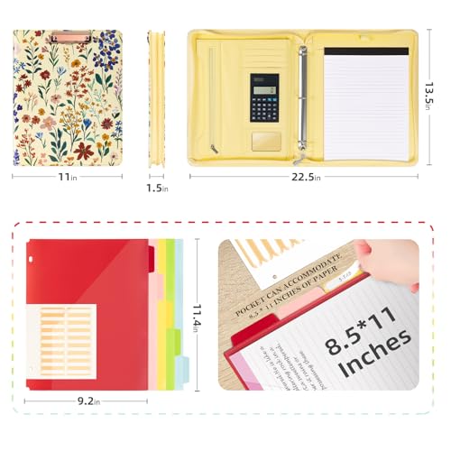 Image of Ospelelf Leather Clipboard Binder with Storage - 3 Ring Zippered Padfolio Portfolio Folder - Calculator, 12.1 inch Tablet Sleeve, 5 Dividers with Pocket, Refillable Notepad, Card Slot (Floral)