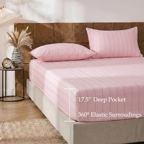 Image of Merryword Pink Pinstripe Sheet Set King Size - 100% Cotton Striped Bedding 4 Pieces, Soft Breathable Percale Weave, 17.5 inch Deep Pocket, Luxury Linen Like, All Season Comfort