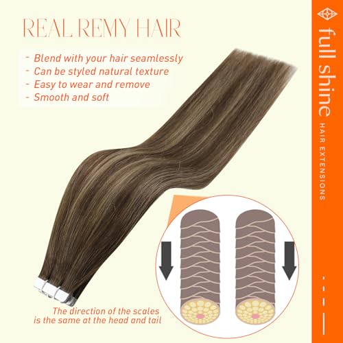 Full Shine Invisible Tape in Hair Extensions Human Hair 18 Inch Tape ins Brown Extensions Color 4/24/4 Balayage Hair Extensions Real Human Hair Seamless Tape ins Human Hair Extension 50Gram 20Pcs - Image 4
