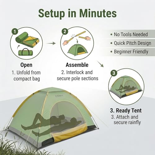 Image of EYUVAA LABEL Waterproof 2 Person Camping Tent | Lightweight Portable Outdoor Dome Tent with Carry Bag | Easy Setup Windproof for Hiking, Trekking, Picnic & Travel (Random Colour)