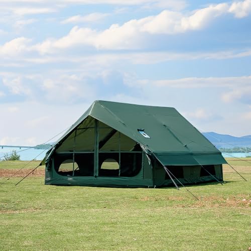 WaldZimmer Inflatable Camping Tent 12sq Green with Hand Pump Easy Setup Waterproof Windproof Outdoor Blow up Tent 6-8 Person Oxford 4 Season Glamping Air Tents Cabin House with Mesh Windows & Door
