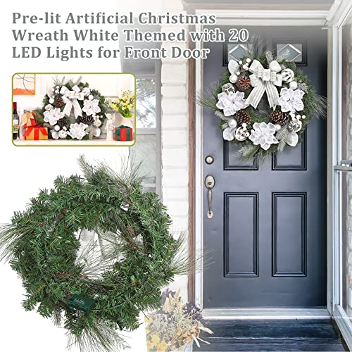 GarveeHome Christmas Wreath with Lights, 24 Inch Pre-lit Silver White Xmas Wreath with 20 Battery Operated LED Lights Artificial Magnolia Flower & Bow for Front Door Window Indoor Outdoor Decorations
