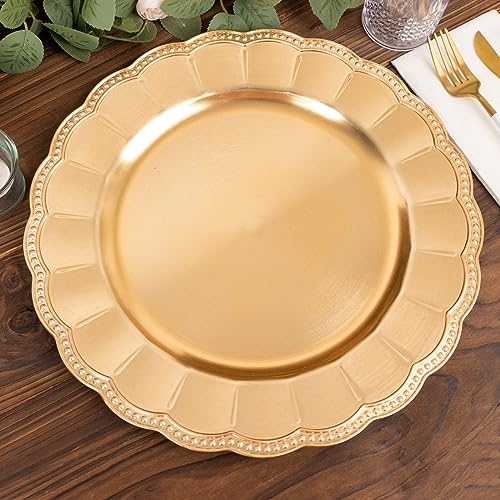 Tableclothsfactory 6 Pack Metallic Gold Acrylic Sunflower Charger Plates with Beaded Rim, Elegant Disposable Plastic Serving Plates - 13