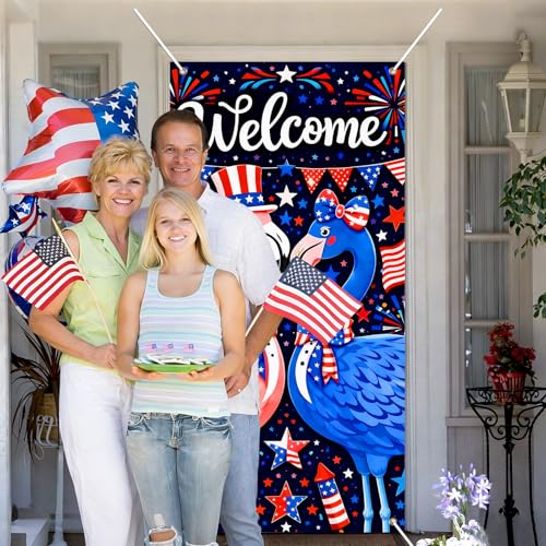 Image of BlissYard Welcome Patriotic Flamingo Door Cover 71x35 Inch 4th of July Front Door Cover Decoration Red White Blue Flamingo Door Banner Independence Day Porch Door Cover July 4th Door Decorations