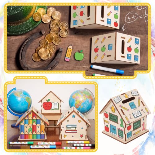 Image of Briwooody 12 Set DIY Unfinished Wooden Houses Bank Unfinished Piggy Bank Set with Coloring Pens Blank Coin Box Crafts for Wood Piggy Banks Craft and Home Activities Fun