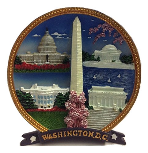 Colorful 3D Washington Monument, US Capitol, Jefferson Memorial, White House, Lincoln Memorial with Cherry Blossom Decorative Plate