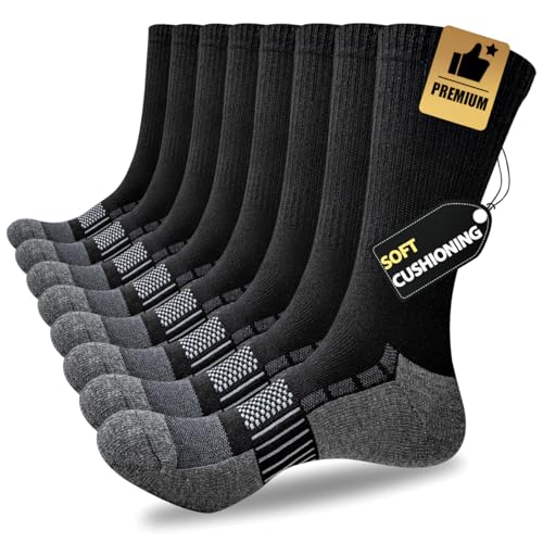 JOYNÉE 8 Pairs Mens Cushioned Crew Athletic Socks, Moisture Wicking Breathable Socks for Sport Running,Black,Sock Size:10-13
