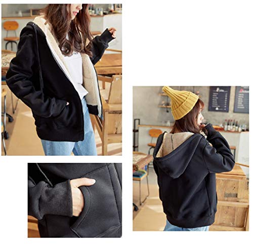 GESCHESK レディース アウター コート ジャケット ブルゾン パーカー 裏起毛 裏ボア ファーコート 帽子付き あったか 暖かい 防寒 長袖 厚手 無地 カジュアル 可愛い 秋 冬 通勤 通学 大きいサイズ (ブラック,L) 5枚目