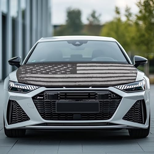 Image of 59x39 Inch Gray American Flag Car Hood Cover Protector Waterproof Car Hood Wrap Blankets Patriotism Auto Flag Universal Automotive Exterior Accessories for Summer