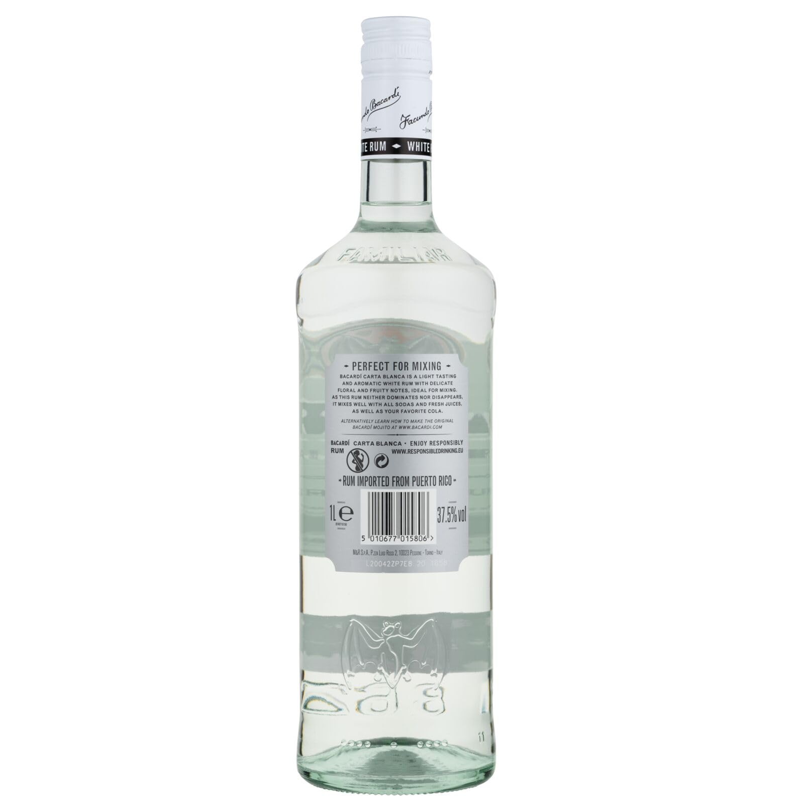 BACARDI Carta Blanca Superior White Rum - 1 l / 100 cl, 37,5% Vol. - Rhum Emblématique des Caraïbes, Idéal pour la Réalisation de Cocktails