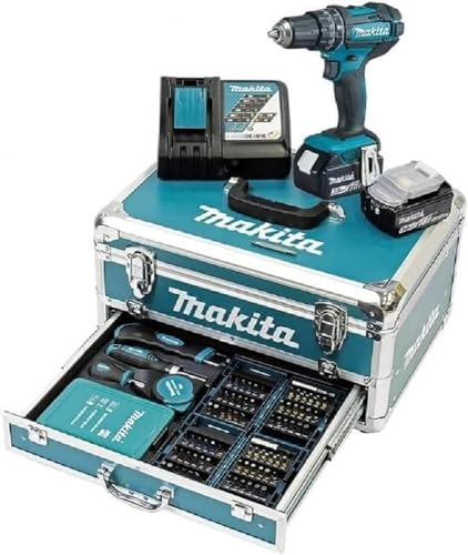 Makita DHP482RFX9 - Trapano avvitatore a percussione 18 V/3,0 Ah, 2 batterie e caricatore in valigetta di alluminio, petrolio, 96 pezzi