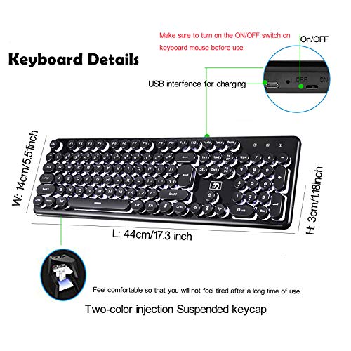 Gaming Keyboard And Mouse,Soke-Six 2.4G Wireless Retro Punk Typewriter-Style Backlit Keyboard Mice Combo,4800Mah Battery,Mechanical Feel,Anti-Ghosting,Crystal Panel Round Keycaps (Black+White Light) #TOP6