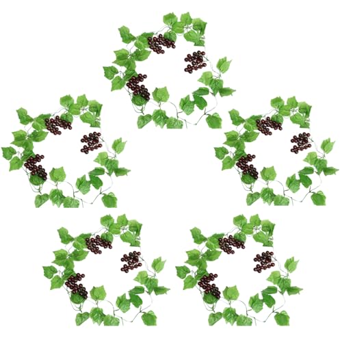 5PCS Grapevine Garland, Grapes Grape Leaves 94.5 Inch Long Silk Cloth Fake Grapes with Plastic Stems, Realistic Grape Vine for Home, Living Room, Garden and Etc.