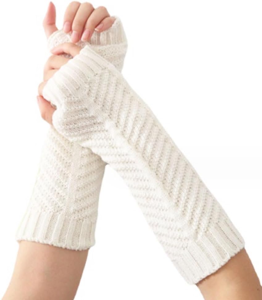 bamboopack Women's Knit Arm Warmers Fingerless Gloves Thumb Hole Gloves Thumbhole Stretchy Gloves for Typing Driving (White)