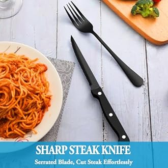 36 Pcs Black Silverware Set with Steak Knives, Stainless Steel Flatware Cutlery Set Service for 6, Kitchen Tableware Set, Utensil Set for Home and Restaurant, Knives Forks Spoon Set, Dishwasher Safe