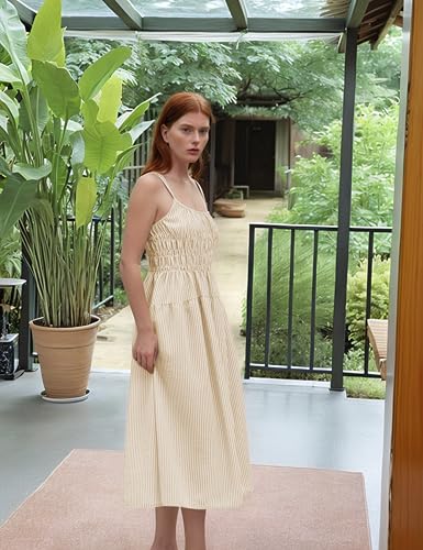 Image of Women's 2025 Summer Striped Smocked Maxi Dress Sleeveless Boho Sundress Double Strap Flowy Swing for Beach Vacation