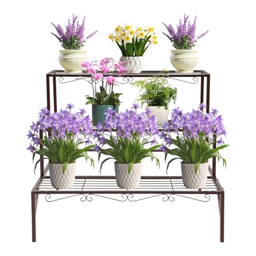 soudesileim Escalier à fleurs à 3 niveaux, en métal, 70 x 58 x 60 cm, charge maximale par étage : 20 kg, renforcement triangulaire, pieds antidérapants, support de plantes autoportant, bronze