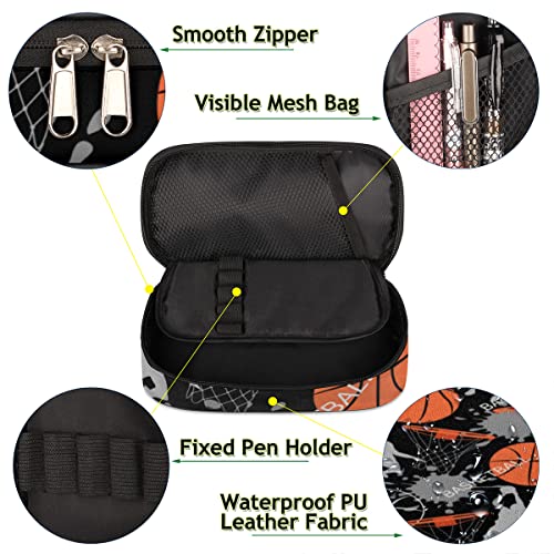 Image of Pardick Sport Basketball Big Capacity Pencil Pen Case Basketball Print Large Pencil Pouch with Zipper Compartments Pencil Bag for Boys Girls Adults Student Office School Supplies