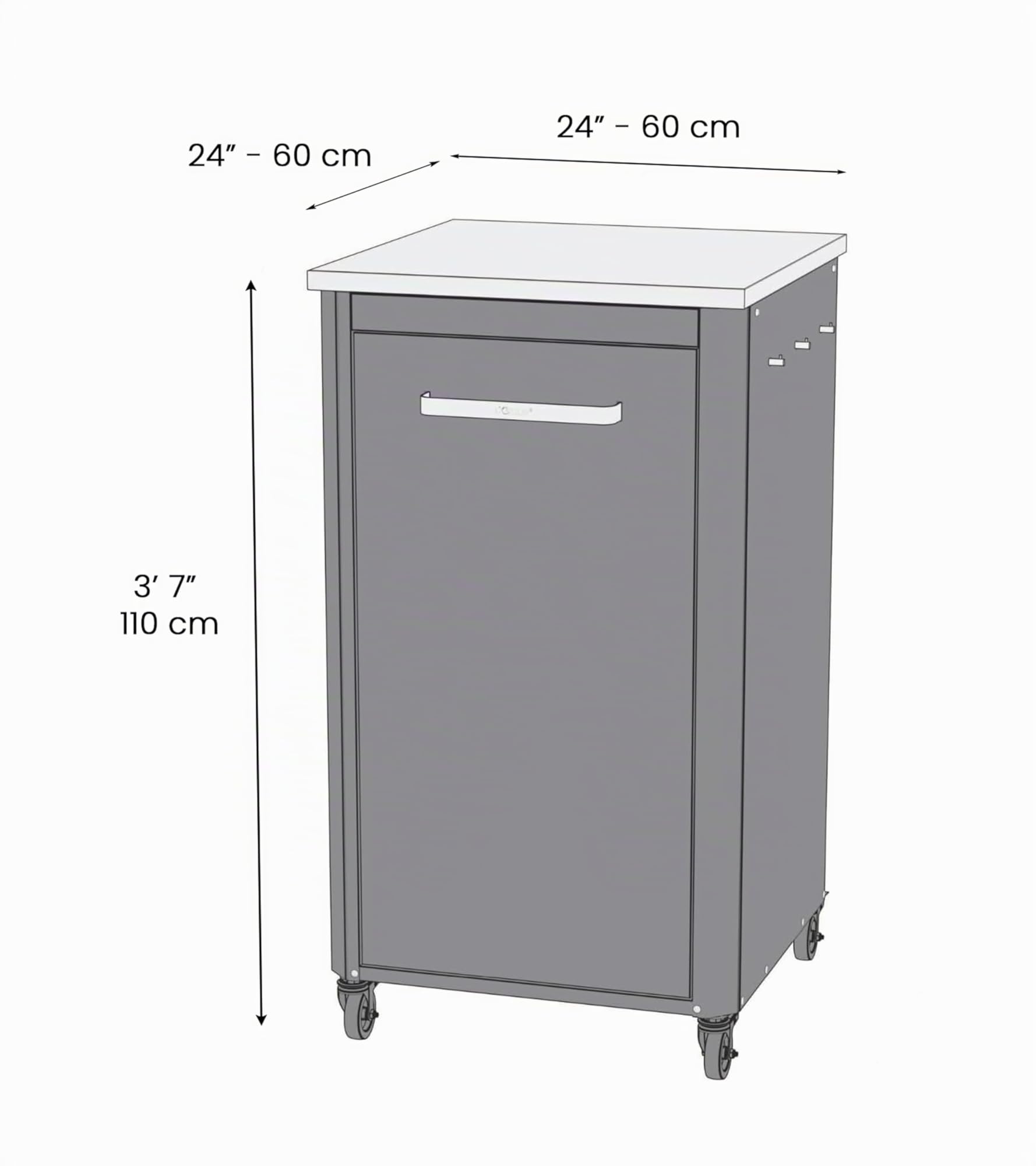 Cozze® | Cocina Exterior 60 Alta H110 cm | Encimera de Acero Inoxidable SS430 | Diseño Modular | 1 Puerta con Soporte para bombona | 6 Ganchos | Ruedas Ø75 mm | Estructura de Acero Lacado Negro