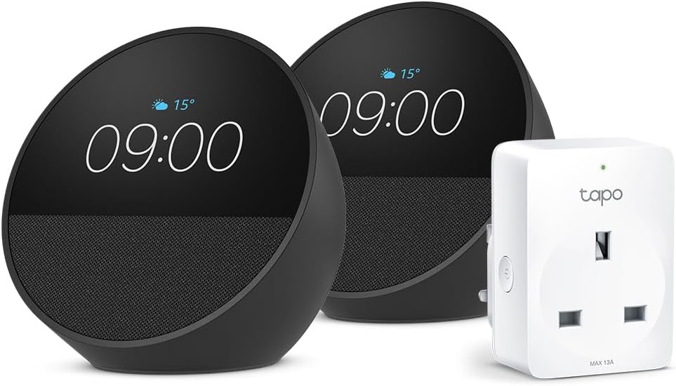 Echo Spot | Black, 2-pack + Tapo P110M Smart Plug with Energy Monitoring, Works with Alexa - Smart Home Starter Kit, with Alexa+ Early Access