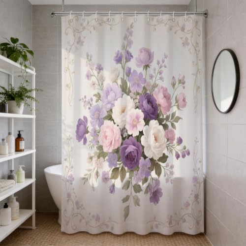 Rideau de douche anti moisissure et imperméable en polyester à fleurs roses