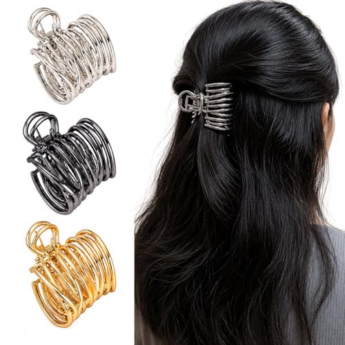 Image of Radhu & Kabby Metal Hair Claw Clips for Women, Set of 3 Premium Hair Clutchers in Gold Silver Black, Strong Hold Jaw Clips for Thick & Thin, Stylish Hair Accessories for Everyday & Special Occasions