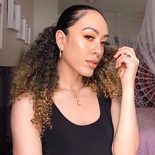 Afro Kinky Curly Ponytail for Women Drawstring Ponytail Synthetic Hair Extension Afro Drawstring Curly Pony tail with Clip in Hairpiece,Ombre Blonde 14 inch