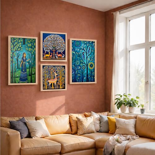 Image of NoWorries Traditional Folk Art Wall Frame Set of 4 | Ethnic Indian Painting Wall Decor | Wooden Framed Wall Painting for Living Room, Bedroom, Hall and Office | Decorative Home Interior Wall Frames.